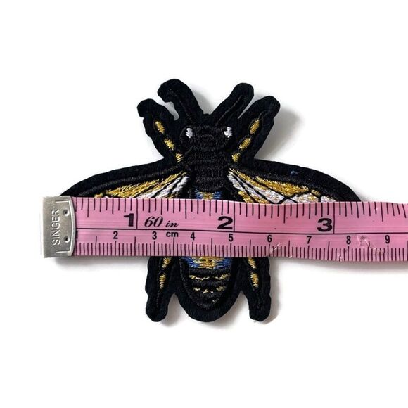 Gold Blue Bee Bug Fly Embroidered Patch - Picture 2 of 3